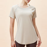 New Style Mesh Breathable Yoga Short Sleeve Women's Moisture Wicking, Waist Cover Butt Cover Slimming Long Arc Swing Yoga Wear T-Shirt 