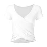 Summer new sports short sleeve women's crossover slimming yoga clothes gathered to cover the hem of the flesh, outdoor running sports blouse 