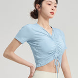 Yoga top, short sleeve, daily use, V-neck, short sleeve, ribbed, 5 colors to choose from, breathable, quick-drying, sports, fitness, lightweight, thin, ribbon, running, drawstring, gathered chest, S-XL