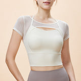 New Mesh Yoga Clothes Short Sleeve Women's Fake Two-Piece Hollow Beautiful Backless Breathable T-Shirt Running Sports Fitness Clothing Top 
