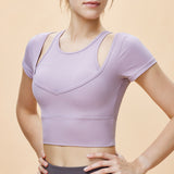 Summer New Fake Two-Piece Sports Yoga Short Sleeve Chest Pad Peach Heart Color Sports Short Sleeve Running Sports Fitness T 