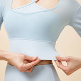 Spring New Fake Two-Piece Breathable Sports Yoga Short Sleeve V-Neck Nude Fixed Cup Running Sports T-Shirt Half Sleeve 