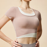New Irregular Contrast Color Fake Two Piece Yoga Wear Short Sleeve Tight Fit Nude Fixed Cup Sports Running Fitness Wear T 