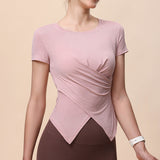 Summer New Style Sports Yoga Short Sleeve Women's Round Neck Twisted Chest T-Shirt Moisture Wicking Running Fitness Top for Women 