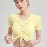 Yoga top, short sleeve, daily use, V-neck, short sleeve, ribbed, 5 colors to choose from, breathable, quick-drying, sports, fitness, lightweight, thin, ribbon, running, drawstring, gathered chest, S-XL