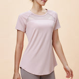 New Style Mesh Breathable Yoga Short Sleeve Women's Moisture Wicking, Waist Cover Butt Cover Slimming Long Arc Swing Yoga Wear T-Shirt 