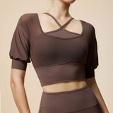 Spring New Fake Two-Piece Breathable Sports Yoga Short Sleeve V-Neck Nude Fixed Cup Running Sports T-Shirt Half Sleeve 