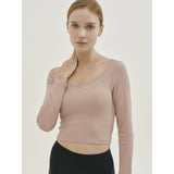Yoga T-shirt, long sleeve, V-neck, stretchy, quick-drying, soft, breathable, casual, short length, ribbed, 4 colors, belly button-baring, sports, fitness, Pilates, running, SL 