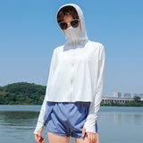 UPF50 + アイスシルク日焼け止め服屋外ルーズ長袖フード付き皮膚服抗 UV 日焼け止め服