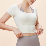 New Fake Two Piece Sports Yoga Short Sleeve Women's Tight Fit Wrinkle Waist T-Shirt with Chest Pad Running Sports Top 