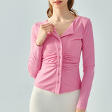 Yoga tops, cardigans, long sleeves, buttons, front opening, thin, gathered, turn-down collar, ribbed, 4 colors available, slim, flattering, won't turn up, V-neck, sports, fitness, running, stretch, S-XL 