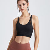 Bra top, yoga top, with cups, double shoulder straps, ruffles, U-neck, plain, open back, push-up, no wires, sports, fitness, Pilates, stylish, sweat-wicking, quick-drying, cute, slimming, breathable, 3 colors available, S-XL 