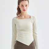 Yoga wear tops, long sleeves, breathable, neat, square neck, solid color, 5 colors, hem, quick drying, tight, won't turn up, hides belly, sports, fitness, soft, doesn't move, S-XL 