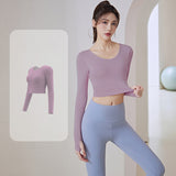 Yoga top, long sleeves, back cross, wide hem, finger holes, cupped, open back, flattering, belly button exposed, stylish, stretchy, quick drying, cute, large size, breathable, sexy, round neck, 3 colors, sports, fitness, running, S-XXL 
