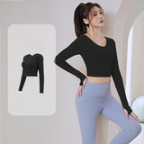Yoga top, long sleeves, back cross, wide hem, finger holes, cupped, open back, flattering, belly button exposed, stylish, stretchy, quick drying, cute, large size, breathable, sexy, round neck, 3 colors, sports, fitness, running, S-XXL 
