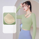 Yoga top, long sleeves, with cups, no shaking, belly button exposed, wide hem, finger holes, stylish bustier, stretch, sweat absorbing, quick drying, breathable, large size, sexy, asymmetrical, 4 colors, openwork, Pilates, sports, fitness, running, S-XXL