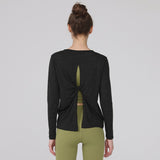Yoga wear, tops, cover-up, yoga t-shirt, long sleeves, see-through, back slit, breathable, round neck, 5 colors available, cute back, sports, fitness, gym, Pilates, running, stylish, quick-drying, loose, thin, cool, S-XL 