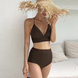 Two-piece swimsuit, string bikini, separate, large bust, with cups, back cross, open back, no wires, for hot springs, pool, simple, halter neck, plain, super big, high waist, cute, pad, M~XL