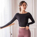Yoga top, long sleeves, round neck, 3 colors to choose from, high waist, breathable, quick drying, sweat absorbent, thin, stomach cover, open back, slimming, beautiful, slim, retro, sexy, feminine, luxurious, S~L