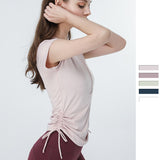 Short-sleeved T-shirt, yoga top, round neck, plain, thin, sports, breathable, unique design♪ Slim, drawstring design, S~XL 