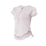 Short-sleeved T-shirt, yoga top, round neck, plain, thin, sports, breathable, unique design♪ Slim, drawstring design, S~XL 