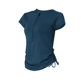 Short-sleeved T-shirt, yoga top, round neck, plain, thin, sports, breathable, unique design♪ Slim, drawstring design, S~XL 