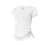 Short-sleeved T-shirt, yoga top, round neck, plain, thin, sports, breathable, unique design♪ Slim, drawstring design, S~XL 