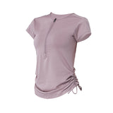 Short-sleeved T-shirt, yoga top, round neck, plain, thin, sports, breathable, unique design♪ Slim, drawstring design, S~XL 