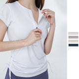 Short-sleeved T-shirt, yoga top, round neck, plain, thin, sports, breathable, unique design♪ Slim, drawstring design, S~XL 