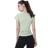Short-sleeved T-shirt, yoga top, round neck, plain, thin, sports, breathable, unique design♪ Slim, drawstring design, S~XL 