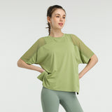 Yoga top, short sleeves, round neck, 4 colors to choose from, switching, tulle, breathable, quick drying, sweat absorbing, thin, elegant, sweet, simple, casual, loose, feminine, roomy, cheap, S~L 