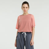 Yoga top, short sleeves, round neck, 4 colors to choose from, switching, tulle, breathable, quick drying, sweat absorbing, thin, elegant, sweet, simple, casual, loose, feminine, roomy, cheap, S~L 