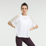 Yoga top, short sleeves, round neck, 4 colors to choose from, switching, tulle, breathable, quick drying, sweat absorbing, thin, elegant, sweet, simple, casual, loose, feminine, roomy, cheap, S~L 