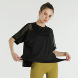 Yoga top, short sleeves, round neck, 4 colors to choose from, switching, tulle, breathable, quick drying, sweat absorbing, thin, elegant, sweet, simple, casual, loose, feminine, roomy, cheap, S~L 