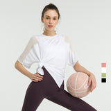 Yoga top, short sleeves, round neck, 4 colors to choose from, switching, tulle, breathable, quick drying, sweat absorbing, thin, elegant, sweet, simple, casual, loose, feminine, roomy, cheap, S~L 