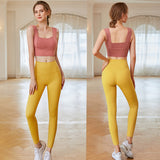 ブラトップ ロングパンツ ヨガセット Uネック 無地 ヒップリフト パッド   スリム   S~XL
