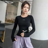 Long sleeve yoga top, round neck, strong elasticity, quick drying, sports, simple, slimming, S~L