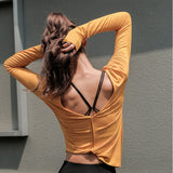 Yoga top, long sleeves, V-neck, 3 colors to choose from, breathable, sweat-absorbent, quick-drying, sports, stomach cover, open back, running, slim, slimming, beautiful, sexy, luxurious, tight, S~XL 