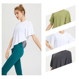 Yoga top, short sleeves, round neck, 3 colors to choose from, breathable, quick drying, sweat absorbent, belly cover, sports, asymmetrical, retro, simple, elegant, loose, roomy, cheap, S~XL 