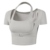 Bra top, yoga top, cute, layered, sexy, athletic wear, buckle, adjustable, short length, slimming, sports, innerwear, black, white, stretchy, elastic, short sleeves, belly button exposed, cupped, layered, short length, plain, Pilates, hot yoga, SL