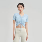 Yoga top, short sleeve, daily use, V-neck, short sleeve, ribbed, 5 colors to choose from, breathable, quick-drying, sports, fitness, lightweight, thin, ribbon, running, drawstring, gathered chest, S-XL