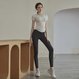 Short sleeve leggings, 2-piece set, V-neck, 6 colors to choose from, high waist, contrasting, sports, breathable, sweat absorbent, quick drying, belly cover, elastic waist, hip lift, slimming, daily fashion, high-end look, great value, S~XL 