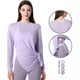 Yoga tops, long sleeves, round neck, 3 colors to choose from, breathable, quick drying, sweat absorbent, belly cover, fitness, sports, simple, casual, unique, loose, roomy, cheap, S~XL 
