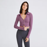 Yoga top, long sleeves, turn-down collar, 4 colors to choose from, high waist, stylish, fashionable, cute for adults, very popular, luxurious, slimming, breathable, zipper, S~L 