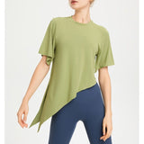 Yoga top, short sleeves, round neck, 3 colors to choose from, breathable, quick drying, sweat absorbent, belly cover, sports, asymmetrical, retro, simple, elegant, loose, roomy, cheap, S~XL 