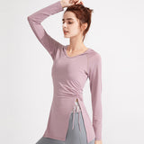 Yoga wear, tops, wrap, yoga t-shirt, long, hooded, drawstring, long sleeves, side slits, won't turn up, sports, running, fitness, quick-drying, soft, slimming, large size, body coverage, shirring, 4 colors available, S-XXL 