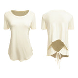 Yoga tops, simple, casual, daily, loose, round neck, short sleeves, solid color, breathable, quick drying, comfortable, smooth, sports, belly cover, fitness, lightweight, thin, ribbon, running, Pilates, back ribbon, gym, 3 colors available, S-XL 