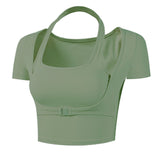 Bra top, yoga top, cute, layered, sexy, athletic wear, buckle, adjustable, short length, slimming, sports, innerwear, black, white, stretchy, elastic, short sleeves, belly button exposed, cupped, layered, short length, plain, Pilates, hot yoga, SL