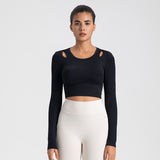 Yoga T-shirt, long sleeves, cupped, finger holes, fuller, open shoulders, no shaking, belly button exposed, cropped length, slimming, round neck, solid color, 4 colors available, sports, fitness, running, pilates, comfortable, yoga top, S-XL 