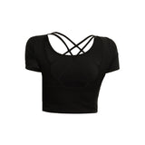 Yoga T-shirt, Yoga Top, Short Sleeve, Covers Upper Arms, With Cups, Pad, Round Neck, Open Back, Back Cross, Cropped Length, Cute, Shows Belly Button, Running, Sports, Training, Fitness, 4 Colors, S~XL 